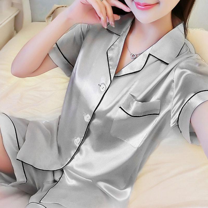 Women's Satin Pajamas Pocket Lapel Nightgown Pyjama Nightwear Short Sleeve Loungewear