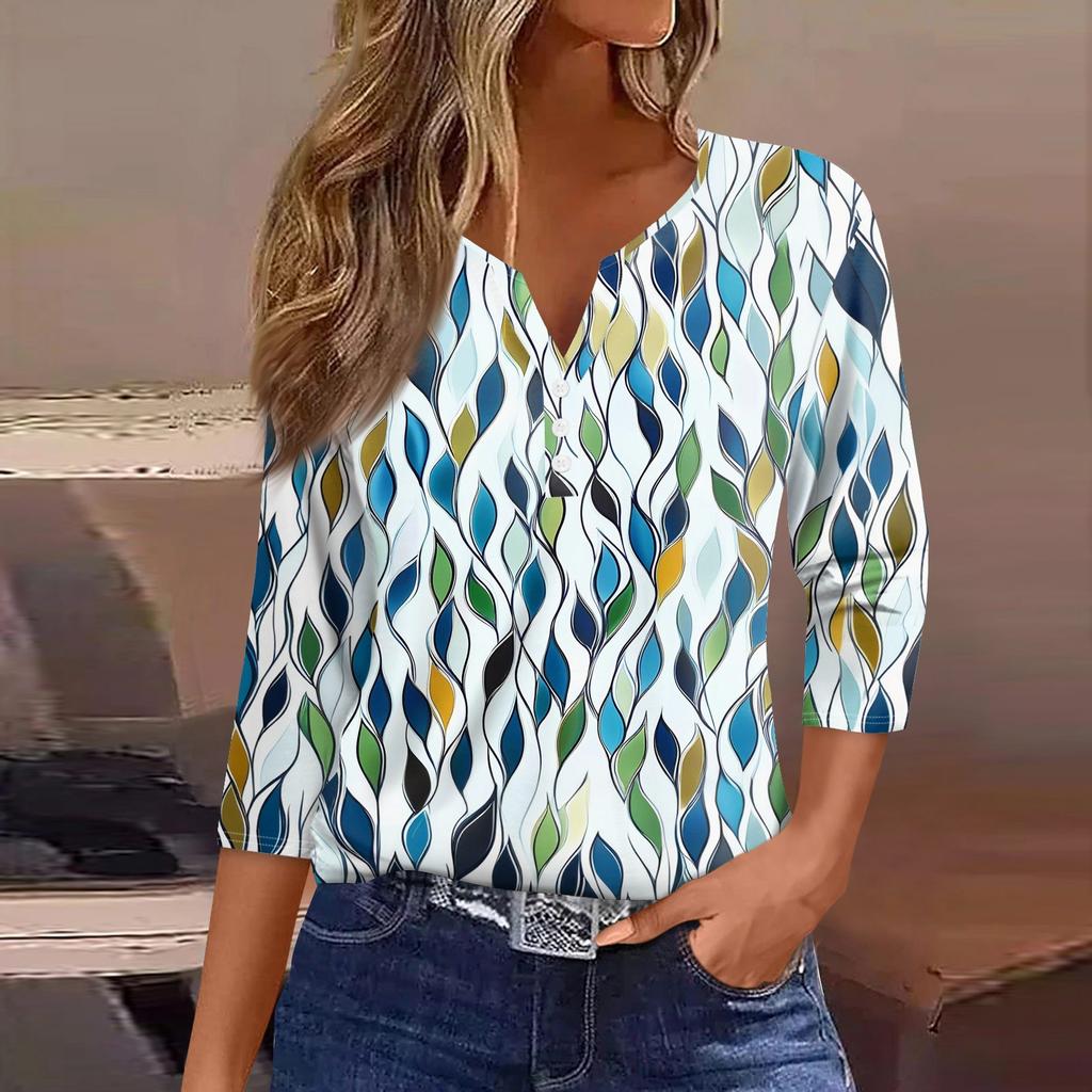 Жен. Футболка С принтом Пуговицы Рукав 3/4 Повседневные Выходные Мода Классический Классический V-образный вырез Обычный Верх