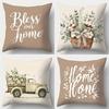 Rustic Charm Throw Pillow Cover: Cotton Flowers, Vintage Truck and Home Blessing Words, Sofa Cushion Cover, Bedroom Room Decor