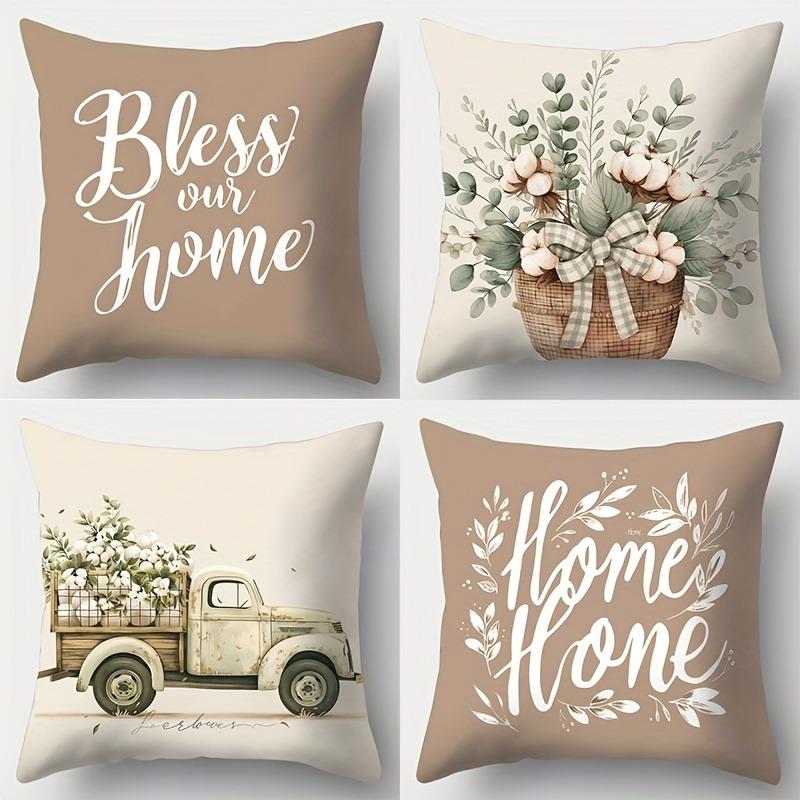 Rustic Charm Throw Pillow Cover: Cotton Flowers, Vintage Truck and Home Blessing Words, Sofa Cushion Cover, Bedroom Room Decor