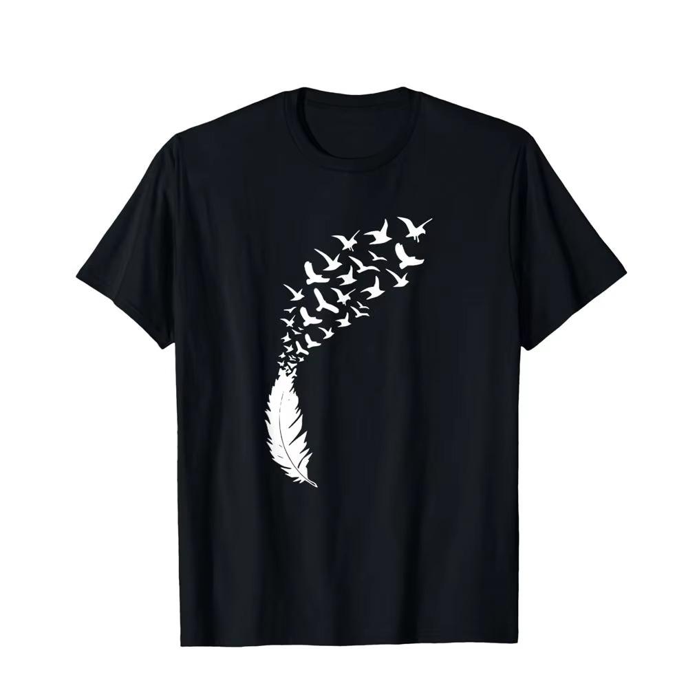 Black Feather Themed Graphic TShirt Unique Feather Heart Feather Flying Birds Artistic Design Top with Two Styles Available