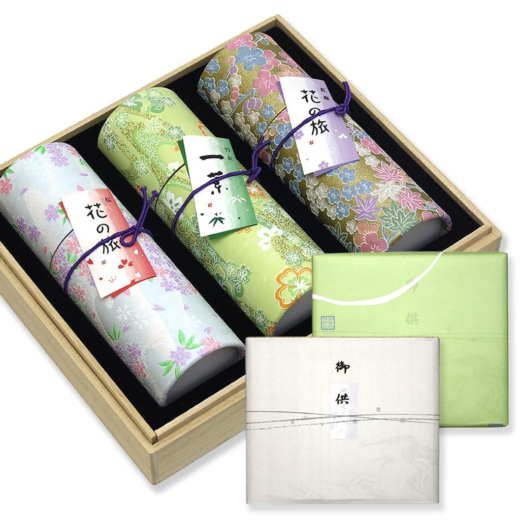 Condolence Incense Gift Set In Paulownia Wood Box [Hanakurabe 3 Types, Sandalwood, with Inner Wrapping] Made In Japan, Low Smoke, Perfect for