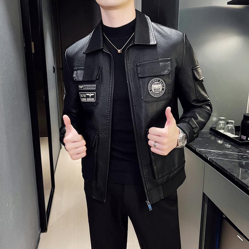 Кожаная куртка мужская новая модная красивая лацкан мотоциклетная одежда повседневная мужская кожаная куртка