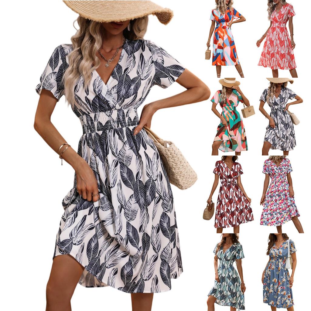 Женские платья Повседневные платья с коротким рукавом и V-образным вырезом с мелким цветочным принтом