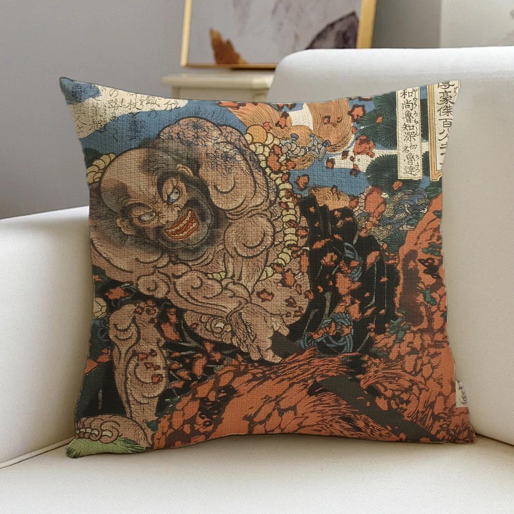 P-Japanese Tattoo Style Cushion Cover Natural Linen Pillowcase Set, All-In-One Decor For Sofa, Bedroom & Chair