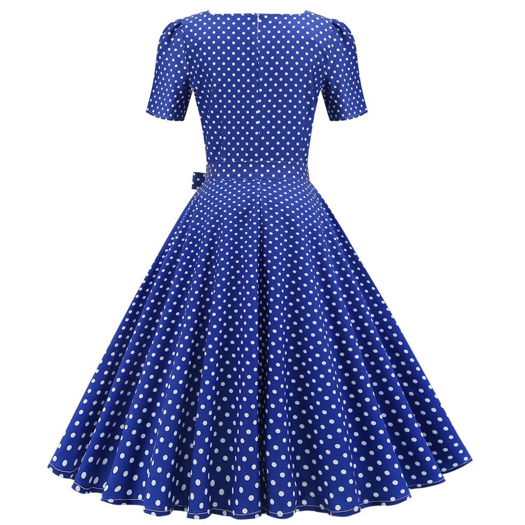 Retro Women's Square Neck Short Sleeve Polka Dot Print Lace Up Waist Big Swing Dress