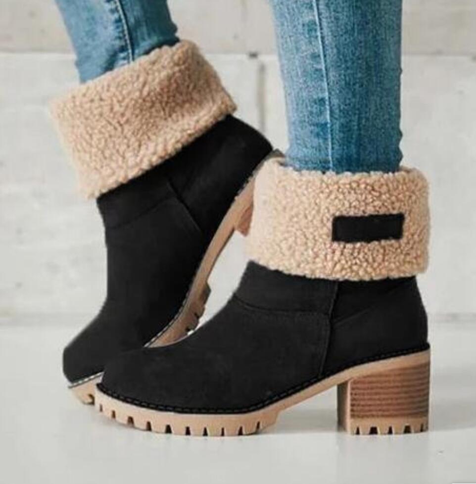 Fashion Autumn Winter retro Keep Warm Fur Women Snow Boots Fashion Slip On Shoes Square High Heel Shoes Ladies Classic Plus Size 43 Boot