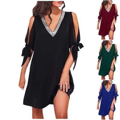 Женское однотонное летнее платье с блестками и V-образным вырезом с короткими рукавами и без бретелек