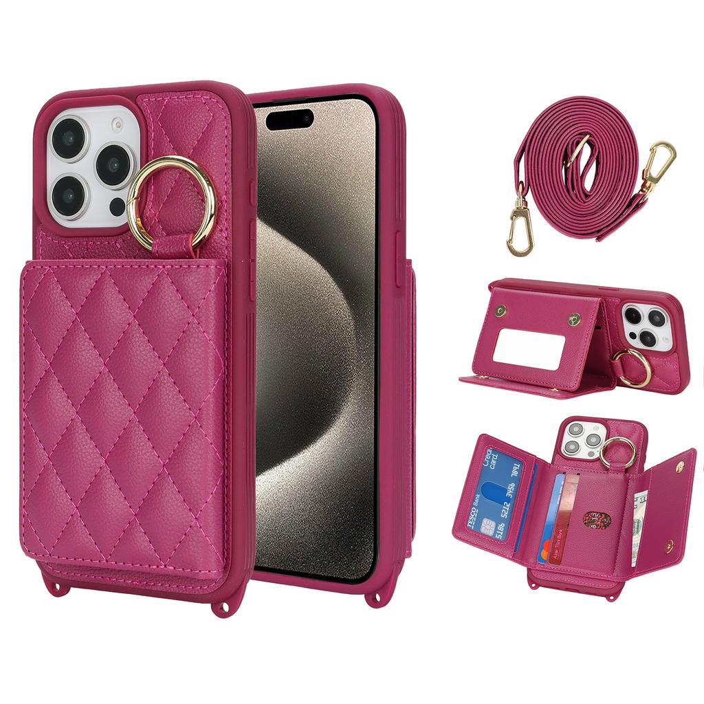 For iPhone 15 Pro Case with Lanyard/Mirror/Card Holder Grids Pattern RFID Blocking Phone Cover