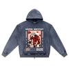DTG print Knitted Denim Zip-Up Hoodie anime streetwear Brother Print Zipper Hoodies  