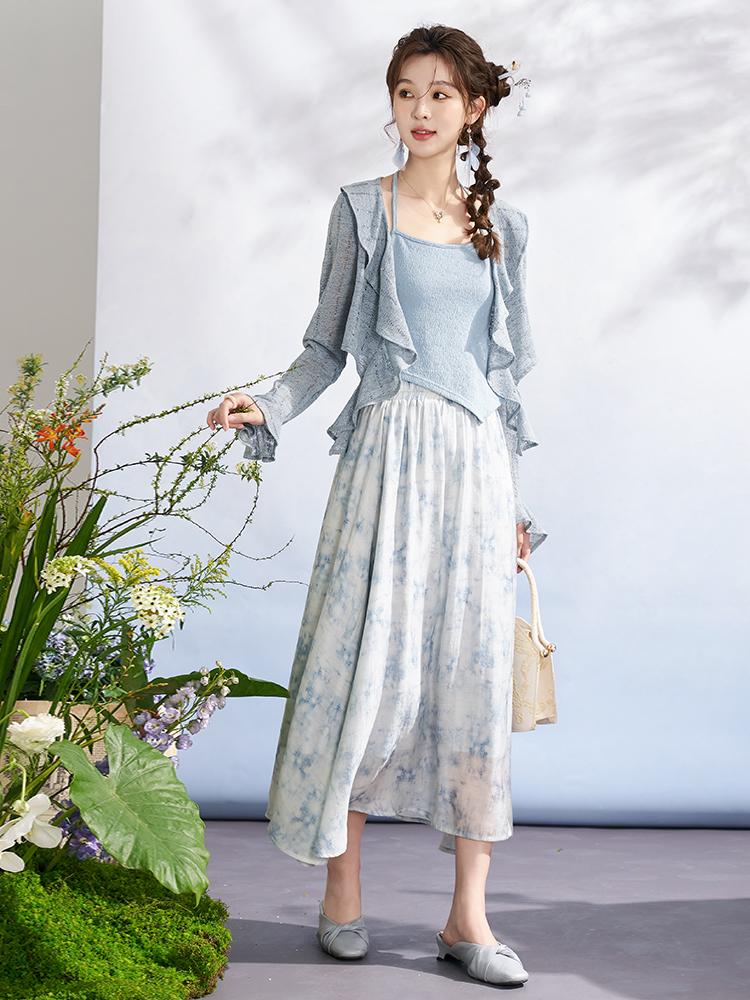 Mishow Кардиган для женщин, новинка 2024 года, элегантный однотонный свободный дизайн с рюшами + синий жилет с воротником-халтер MXD13Z0407