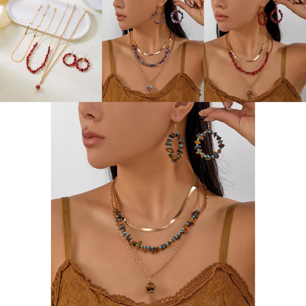Unique Geometric Crushed Stone Collar Necklace And Drop Earrings Set For Women With Multilayer Style