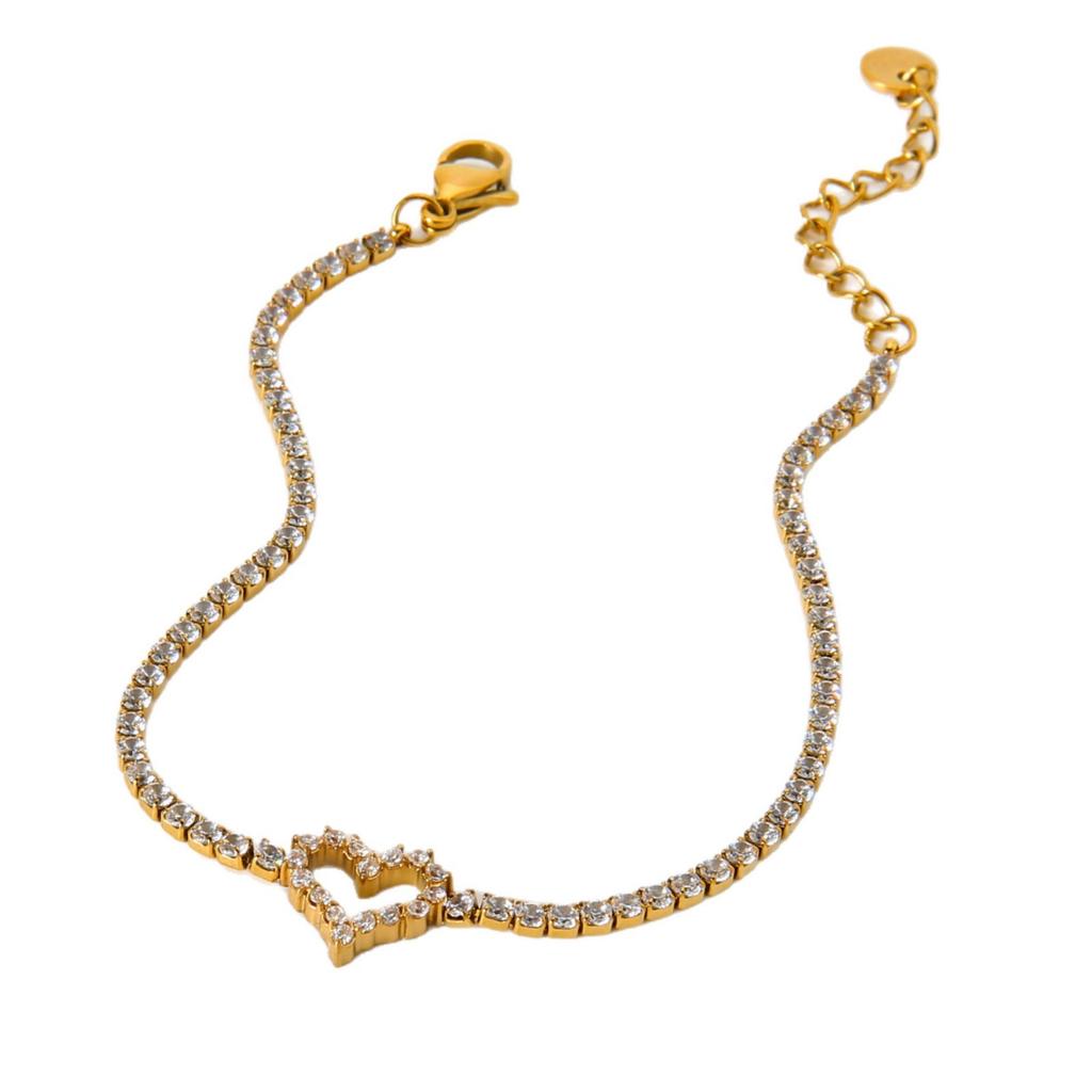 Hot Sale Light Luxury Elegant Full Diamond Love Tennis Chain Plated 18k Gold Stainless Steel Luxury Fashion Zircon Bracelet