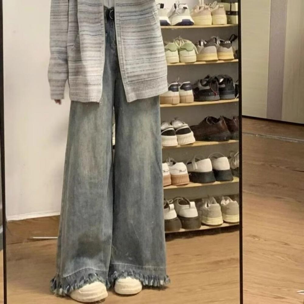 Персонализированные джинсы с широкими штанинами и рваным краем для женщин, новая весенне-осенняя коллекция, с высокой талией, тонкие, свободный дизайн, джинсы-клеш