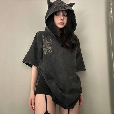 2KWEIRD Y2k Топ Хип-хоп Уличный шик Дизайнерские худи с коротким рукавом с буквенным гранж-принтом Выстиранный винтажный Всепогодный футболка Женщины