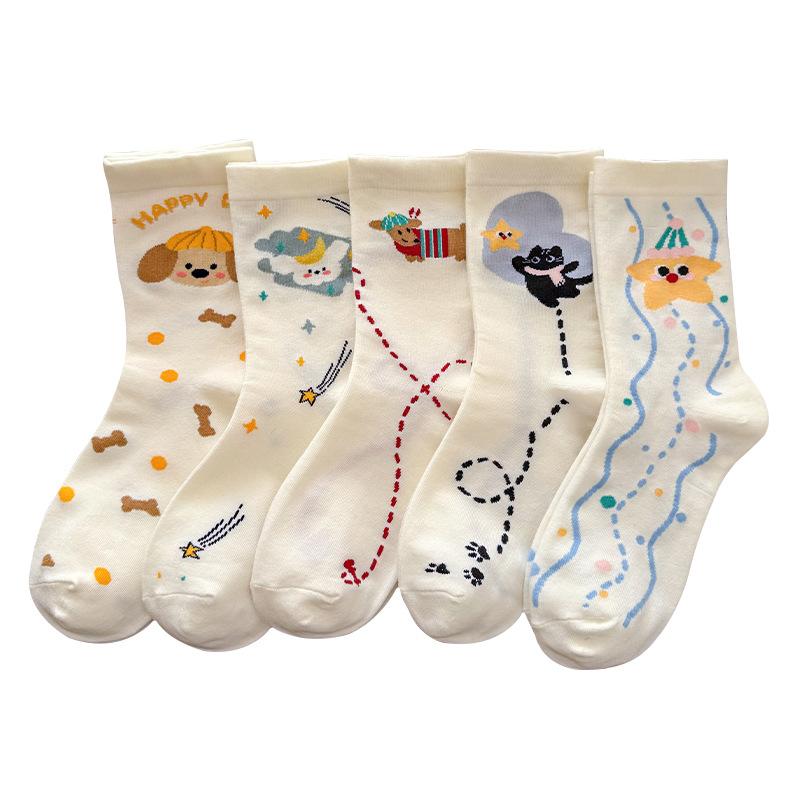 Female Summer Thin Cartoon Illustration Dog Star White Medium Tube Cotton Socks