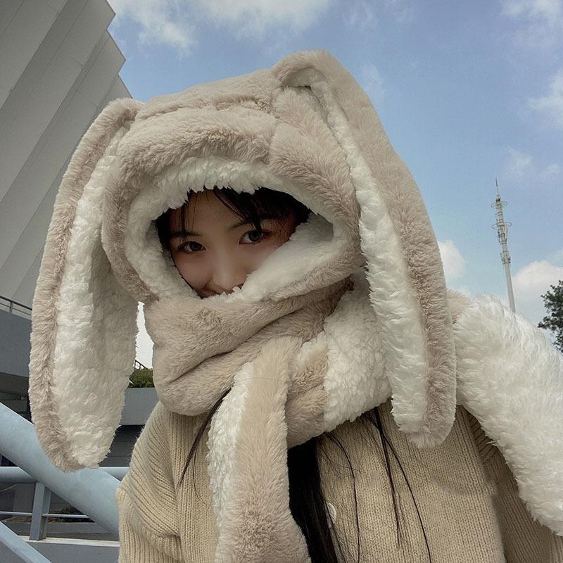New Fashion Scarf Hat Glove 3 Piece Women Cute Big Ear Bunny Winter Warm Soft Thickening Pocket Hats Hooded