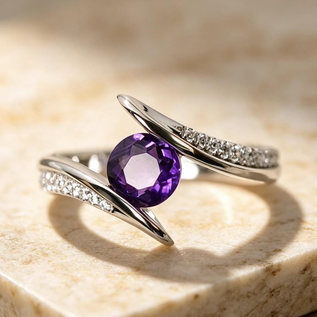 Round Deep Purple Zircon Inlaid Ring, Hypoallergenic Elegant Romantic Bridal Fine Jewelry, Birthday Engagement Anniversary Gift