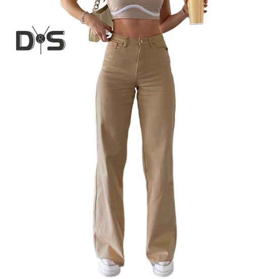 Женские джинсы с карманами, застежка-молния на пуговицу с высокой талией, прямые брюки, однотонные, в винтажном американском стиле, джинсовые брюки для повседневной носки, Scool