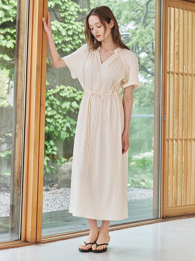 Nub V-Neck Shirring Dress - Ivory