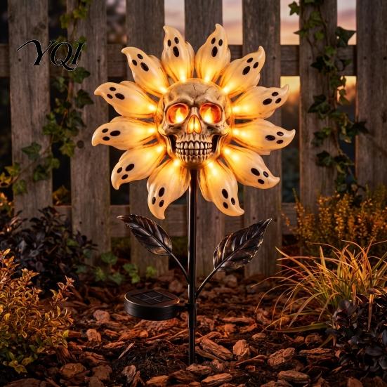 Outdoor Decorative Garden Stakes for Yard Solar Powered Skull Sunflower Light, Waterproof Stake Durable Resin Lawn Sculpture Halloween Decor
