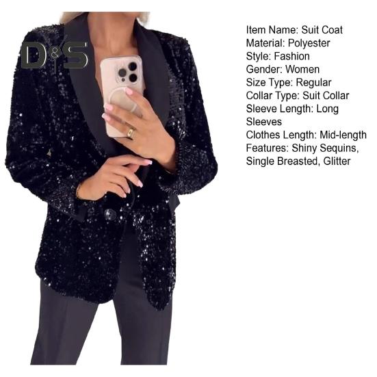 Женский пиджак с лацканами и длинными рукавами на пуговицах, пиджак с блестками, осенне-зимняя деловая верхняя одежда для уличной вечеринки