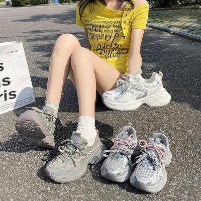 Модные кроссовки на двойной шнуровке для папы, женские, весенние, новые, на толстой подошве, увеличивающие рост, сетчатые, дышащие, повседневные спортивные туфли