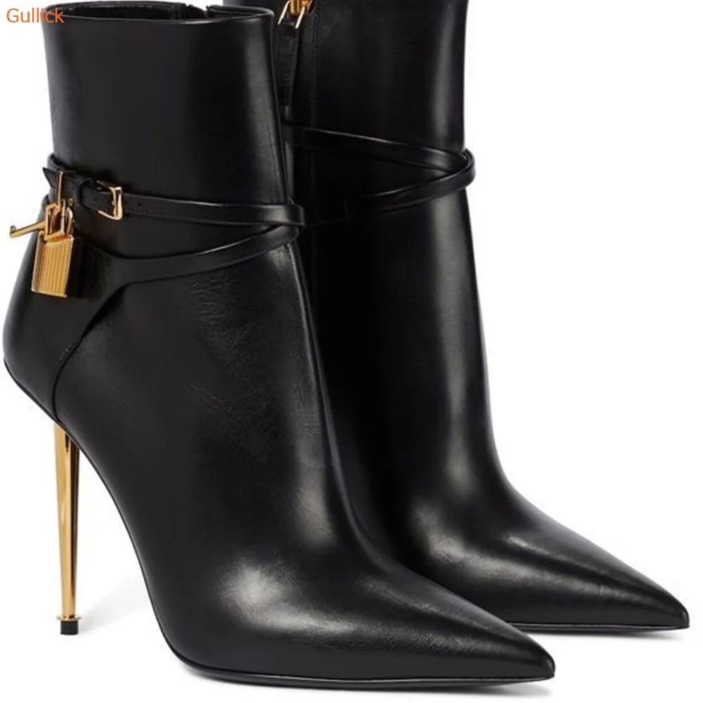 Однотонные ботильоны с острым носком, золотой замок, металлический каблук-шпилька 10 см, женские короткие ботинки из лакированной замши, размер 44