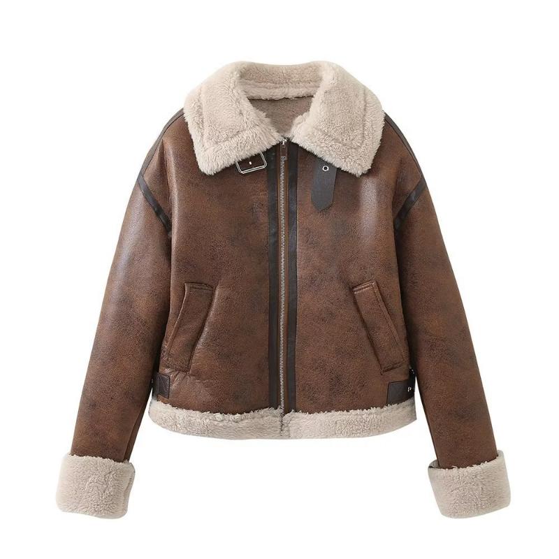 High Quality Women's Autumn and Winter New Style Brown Lapel Zipper Fur Jacket