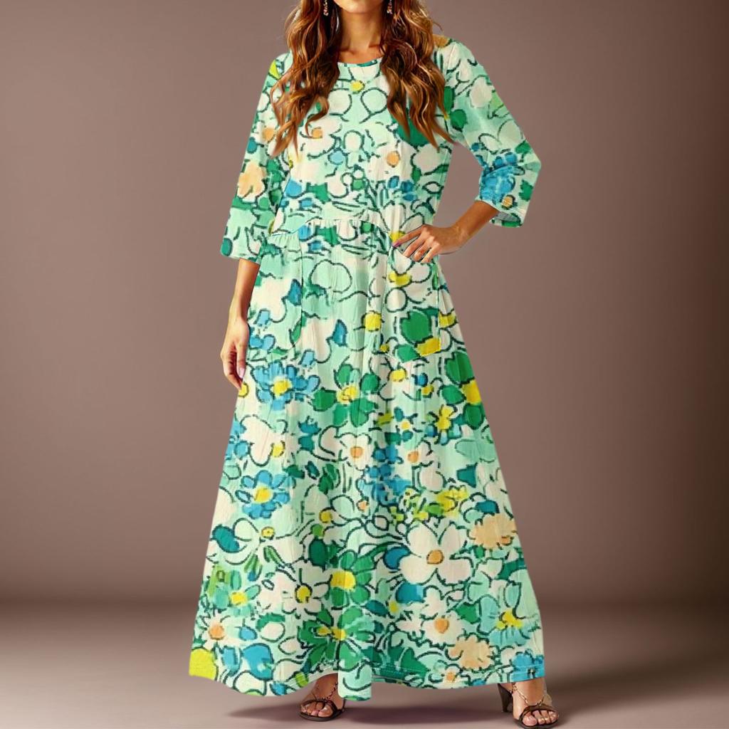 Женское повседневное модное платье с цветочным принтом, рукавом три четверти и карманами