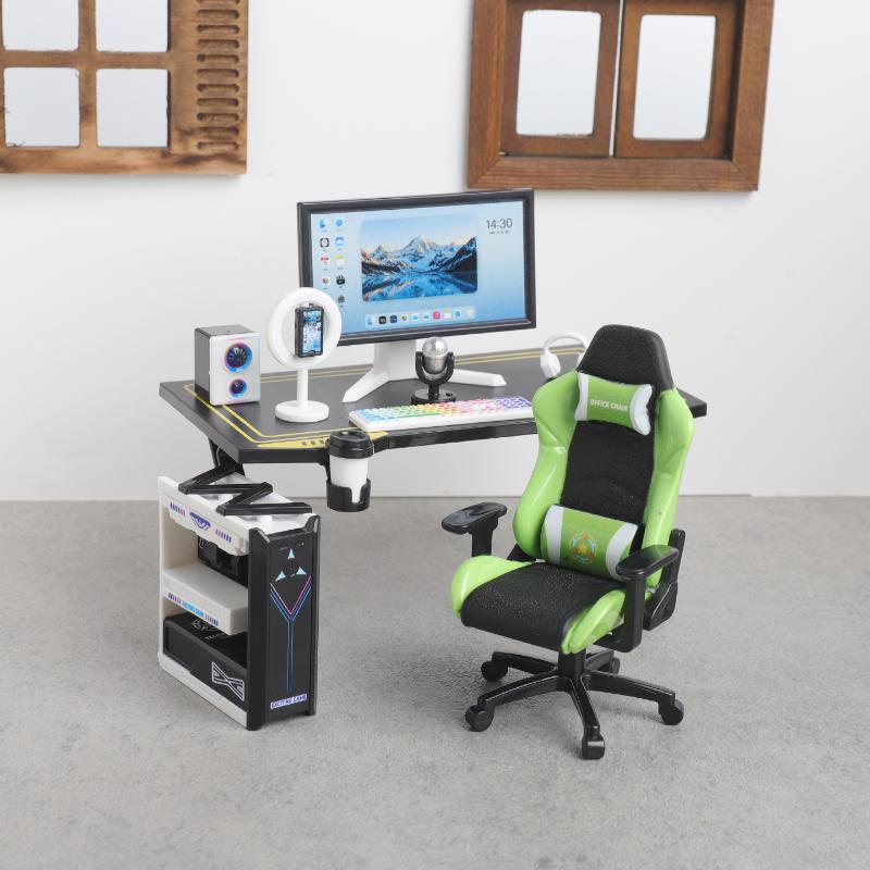 Tiny Gaming Desk Chair Set 1/12 Dollhouse Size with Simulated Monitor Host Model for Doll House Collection DIY Decor