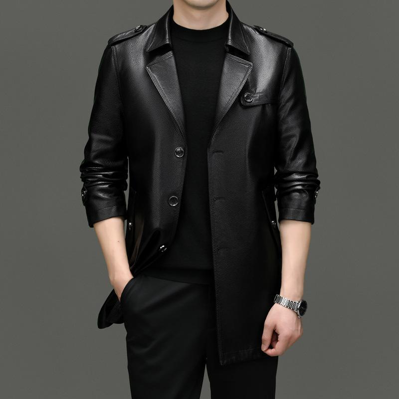 Spring, Autumn and Winter Leather Jacket Men's Windbreaker Medium and Long Suit Collar Double-breasted Business Casual Leather Jacket