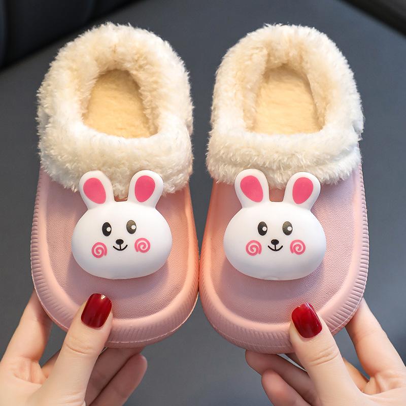 Rabbit cotton slippers for indoor children, warm plush slippers for girls, cute, non-slip, waterproof shoes for home use in winter