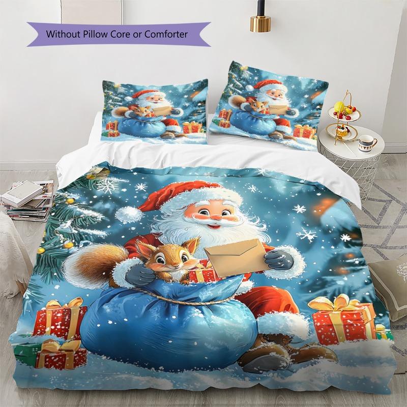 Christmas Santa Squirrel Gift Print Duvet Cover Set, 3Pcs Holiday Bedding Set with 2 Pillowcases for Bedroom Decor