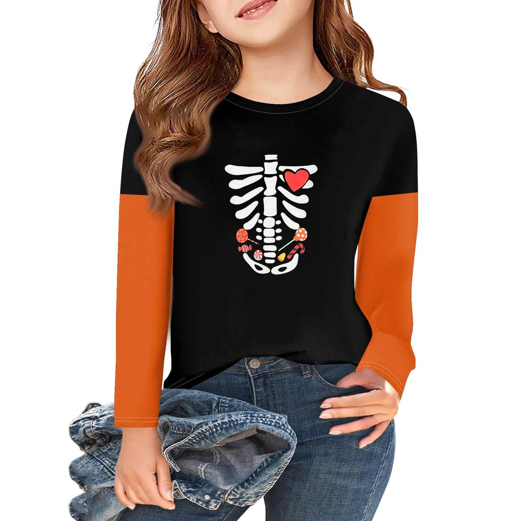 Футболки с длинным рукавом для девочек на Хэллоуин, детские осенние топы с круглым вырезом, базовые футболки 2-11 лет