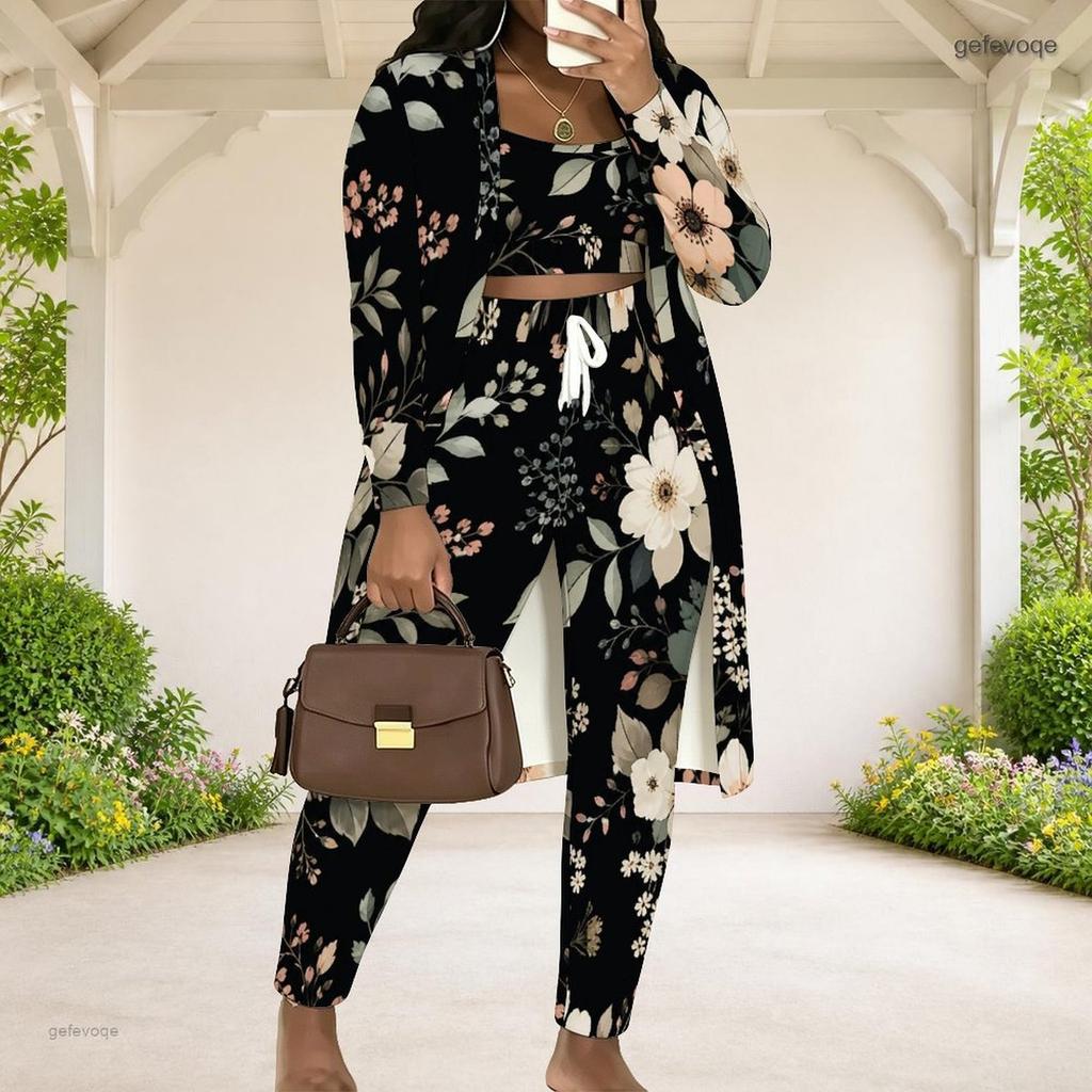 Women Plus Size Three Piece Set Floral Printed Long Sleeve Open Front Cardigan Crop Top And Long Pants