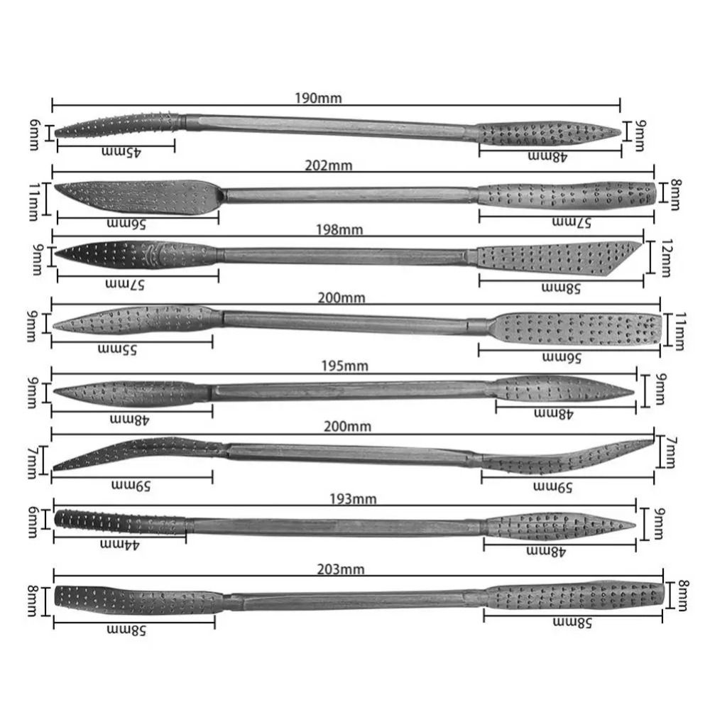 Набор из 8 профессиональных двухсторонних риффелей, напильников-рашпилей по дереву, грубых риффелей, для деревообработки и шлифовки