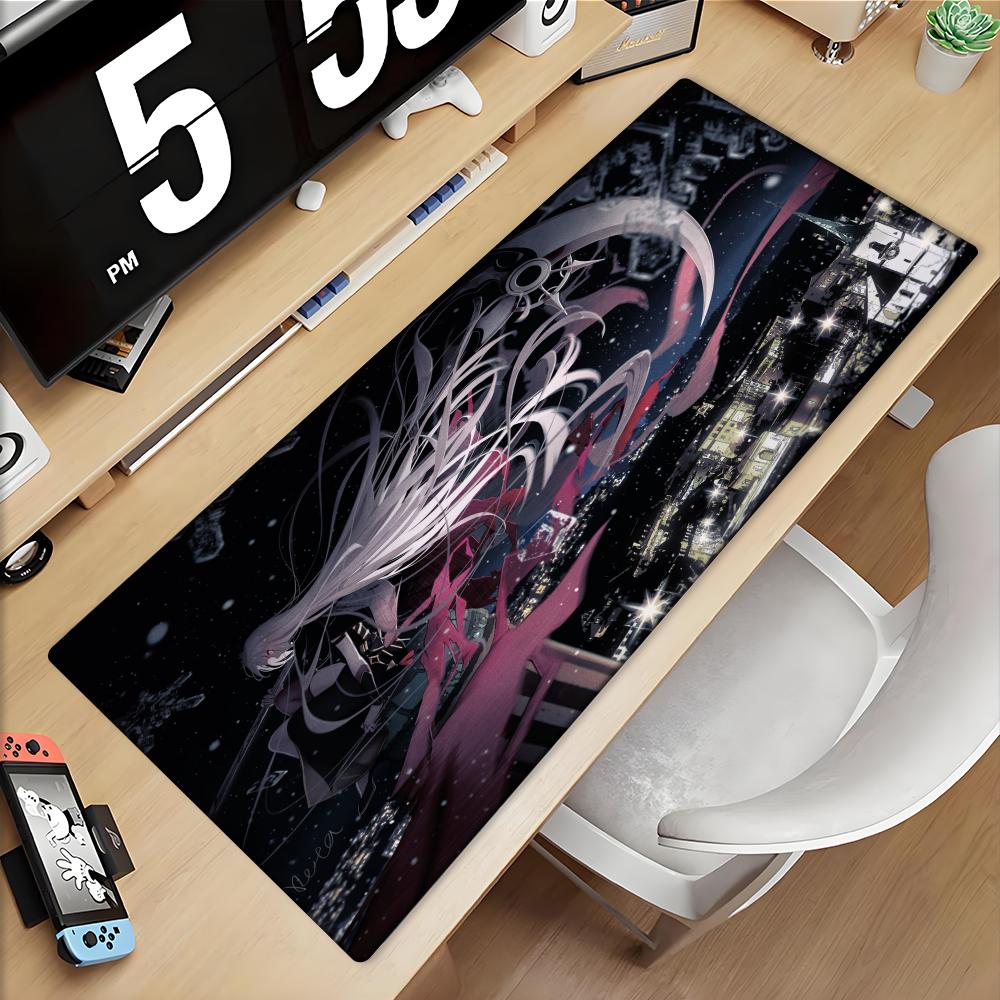 Gaming Mouse Pad Large Desk Mat Antislip Stitched Edges Pink Hair Anime Girl with Red Eyes Print Keyboard Pad for Gaming