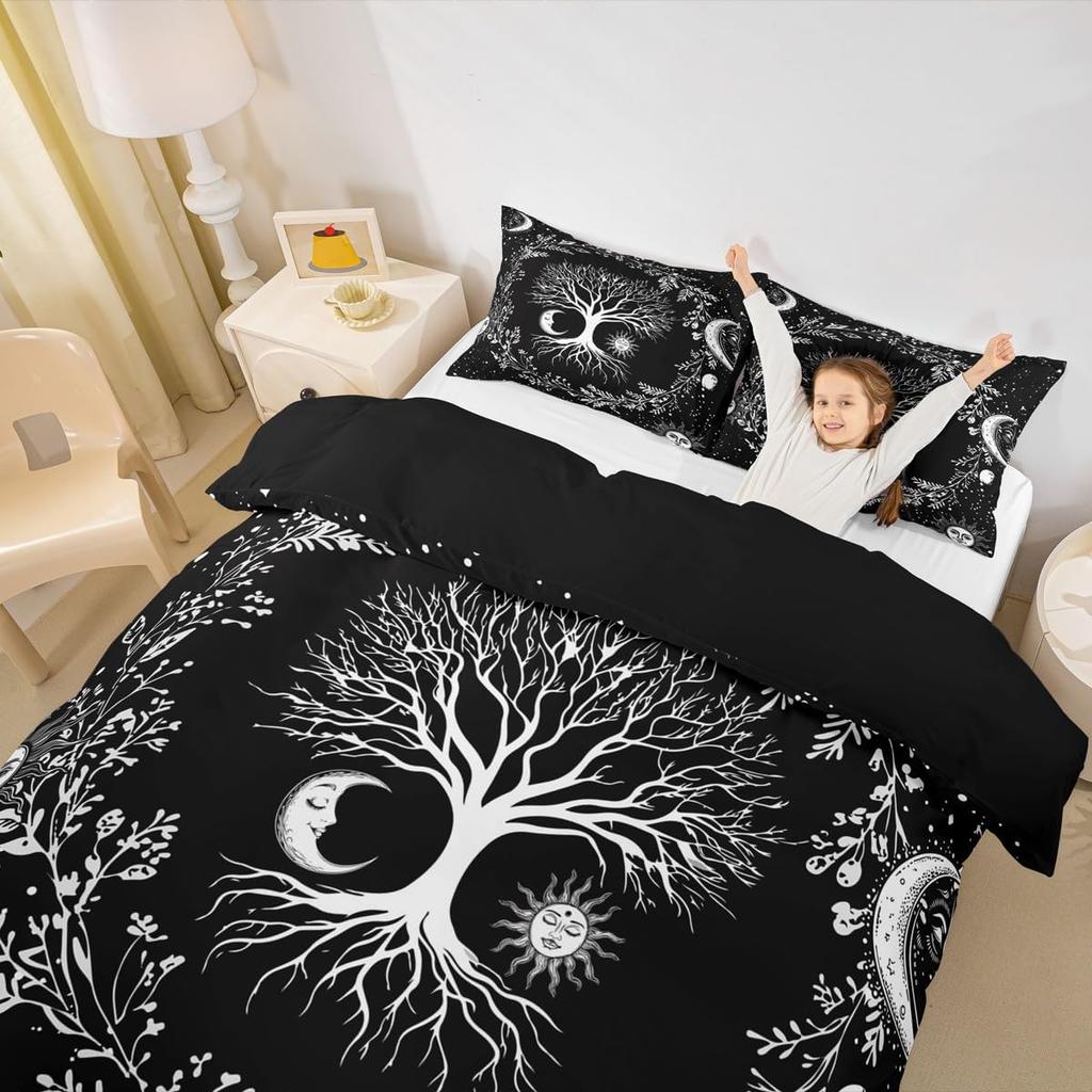 Erosebridal Tree of Life Bedding Set Sun and Moon Comforter Cover Twin Kids Teens Bedroom Decor Black and White 2 Pcs Duvet Cover Gothic Boh