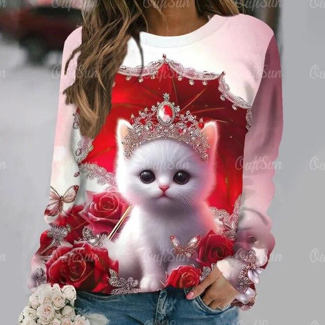 Kawaii женская футболка с забавным рисунком кота, футболка с длинными рукавами, повседневная уличная одежда, женский свитер, новый женский пуловер, одежда, топ