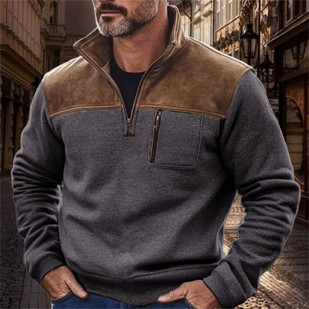 Мужская флисовая толстовка в стиле ретро с карманом, цветной блок, облегающего кроя, с длинным рукавом, пуловер на молнии до середины, модная