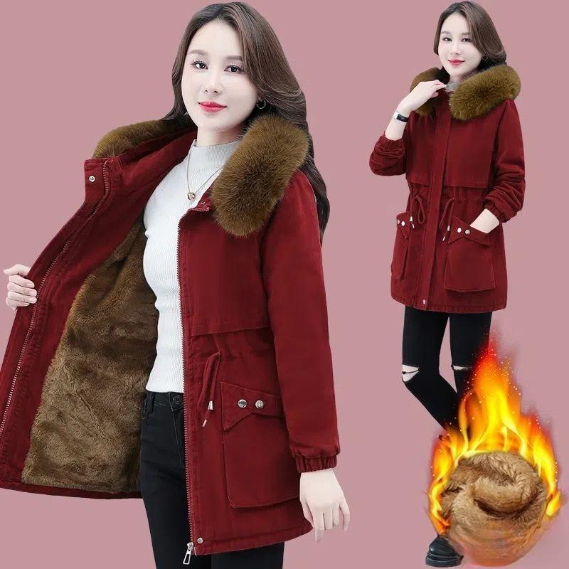 Parker Mid-length Padded Jacket Winter Women's Loose Plus Velvet Padded Jacket Lamb Down Padded Jacket Thicked Jacket