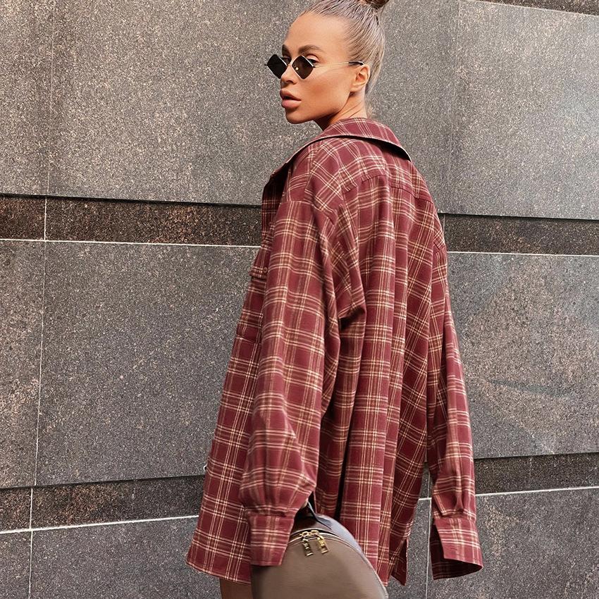 American retro brick red Scottish plaid loose shirt 1116 autumn new European and American plaid shirt women's clothing