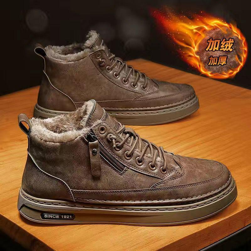 Fashion Winter Plus Velvet Short Boots Men High Top Shoes Men Leather Shoe Casual Sneaker Thick Bottom Shoes Man Warm Cotton Boots Tenis