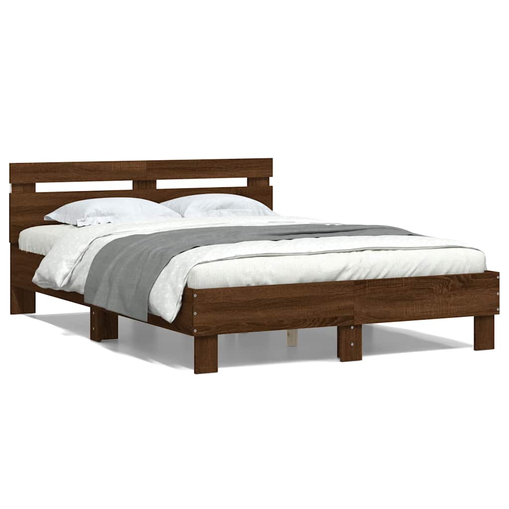 Vidaxl Rama Łóżka Z Wezgłowiem I Led, Brązowy Dąb, 135X190 Cm
