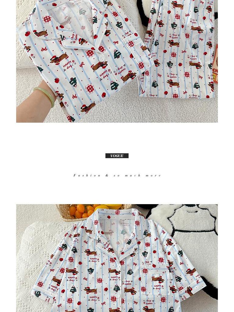 Мультяшный Дачхунд в горошек и полоску Женский пижамный комплект - С коротким рукавом, в корейском стиле, Домашняя одежда из трех предметов.