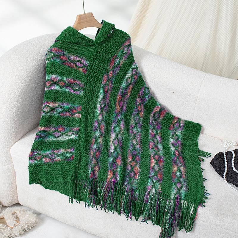 Women's Autumn and Winter Large Size Cover Color Striped Hooded Knitted Tassel Cape Loose Sweater Top for Women 6 Colors
