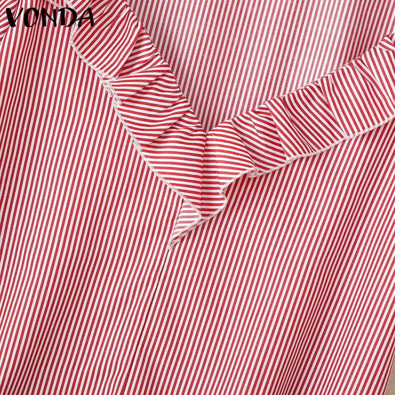 VONDA Женские летние повседневные футболки с оборками и V-образным вырезом с коротким рукавом в полоску