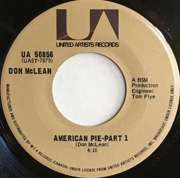7-дюймовая пластинка DON MCLEAN American Pie UA50856 UNITED ARTISTS 1971 Канада Рок Б/у