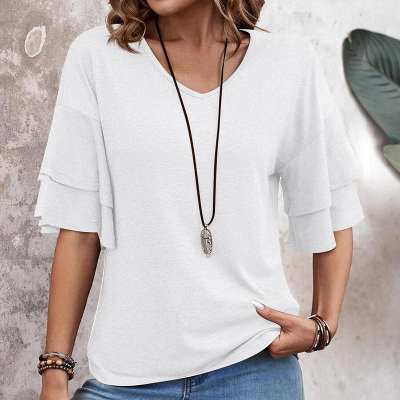 Женская летняя двухслойная футболка с коротким рукавом, V-образным вырезом, однотонная
